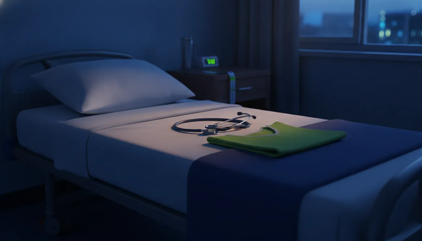 A stethoscope on a patient bed in a dimly lit hospital room.