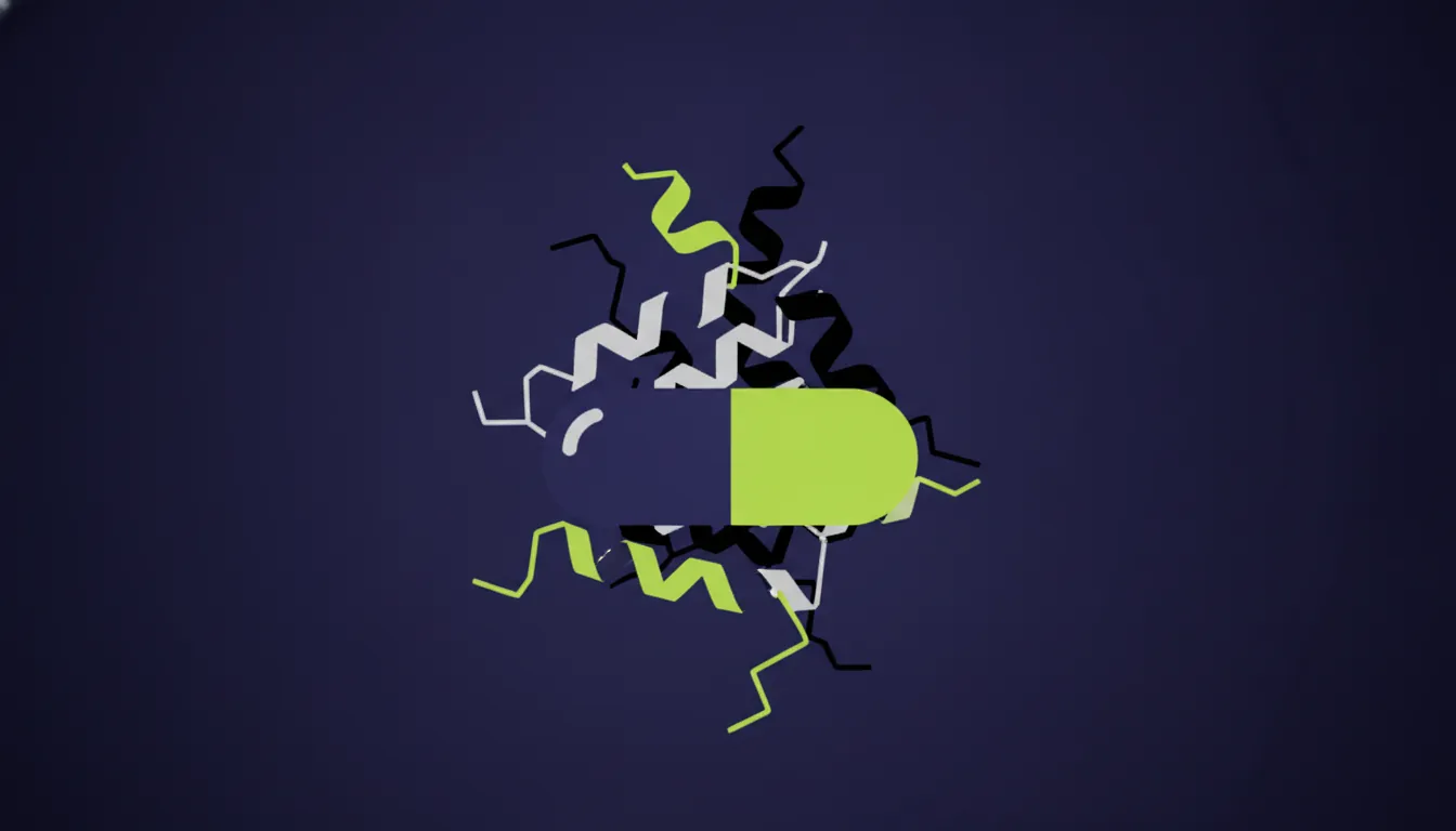 A minimalist representation of a drug capsule and KRAS protein structure.