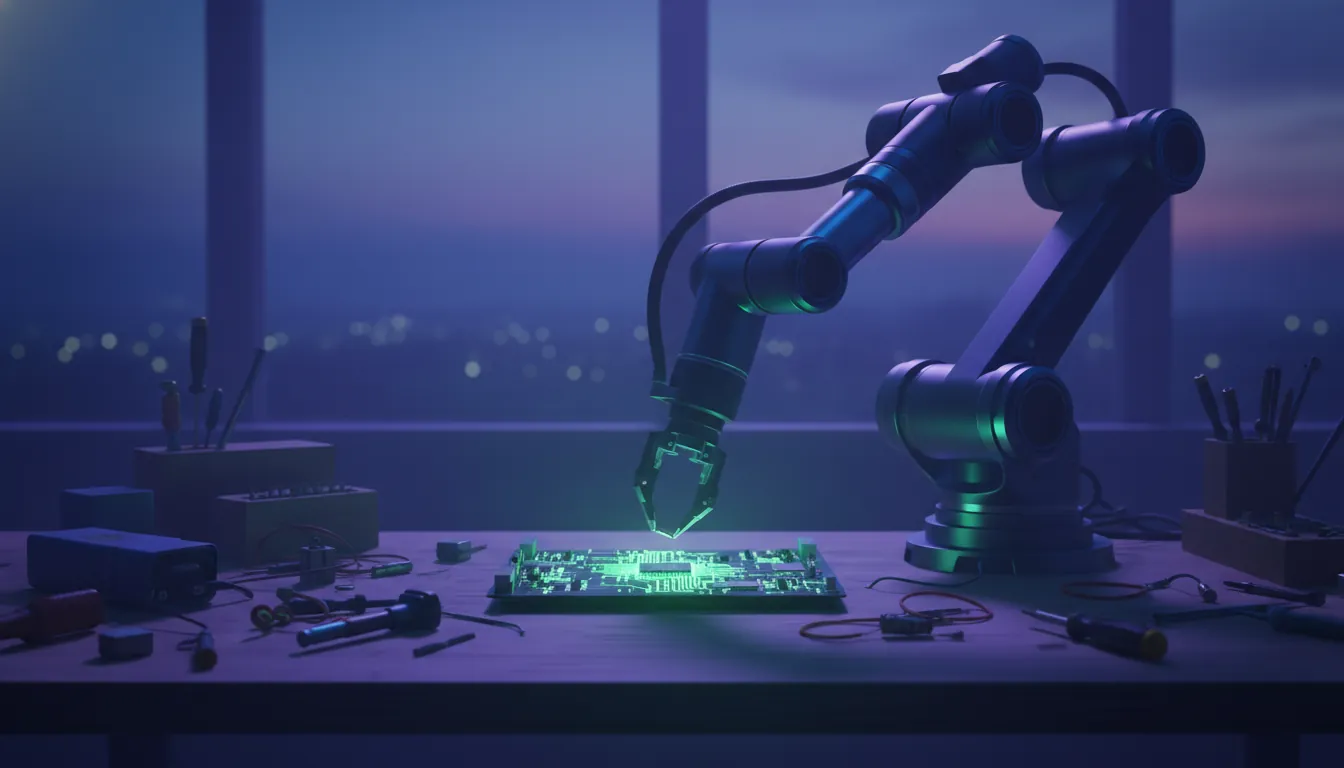A robotic arm working on a circuit board in a workshop