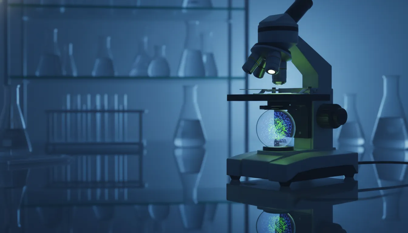 A biological sample viewed through a microscope in a dimly lit lab.