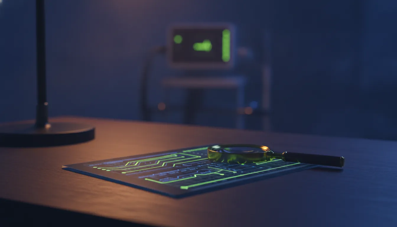 A data sheet on a desk in a dimly lit office, with medical equipment blurred in the background.