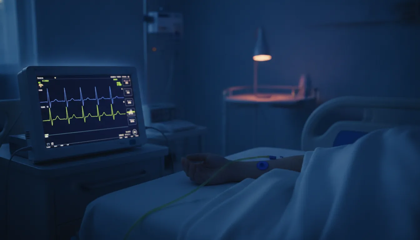 An ECG monitor next to a patient's wrist in a hospital room at dusk.