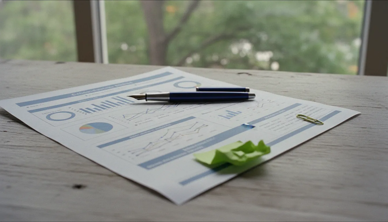 A data sheet and pen on a wooden desk in a clinical office setting.