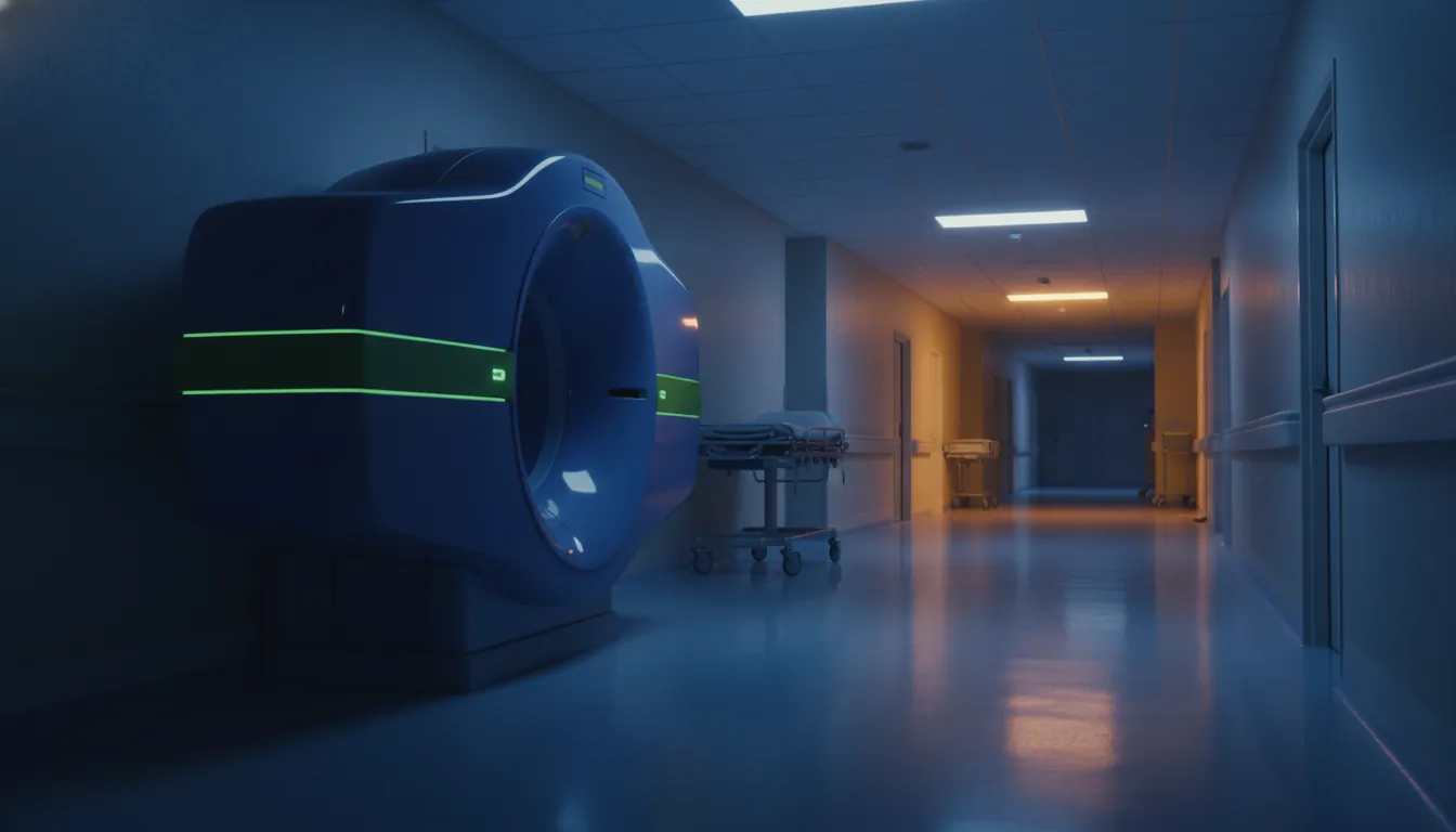 A medical imaging device in a dimly lit hospital corridor