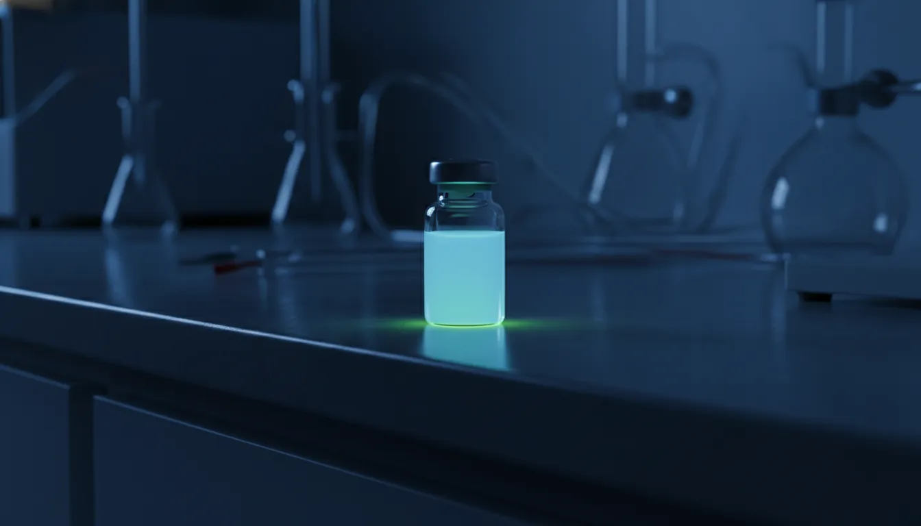 A vial of biologic solution on a laboratory countertop in a dimly lit setting.