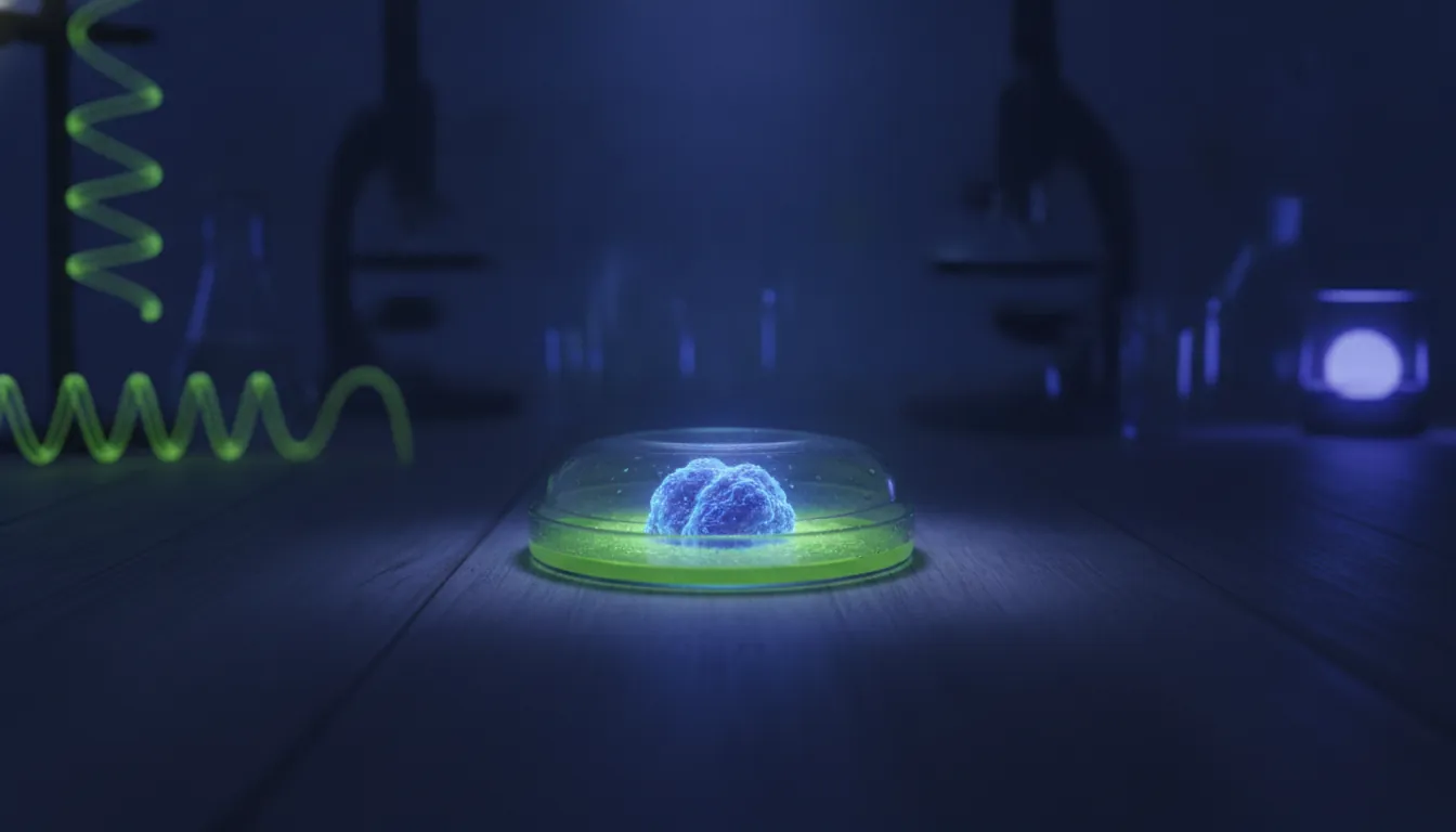 A drug compound in a petri dish in a dimly lit lab