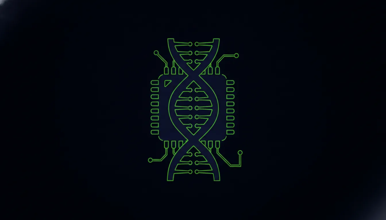 A minimalist illustration of a DNA strand and a computer chip in a dark palette.