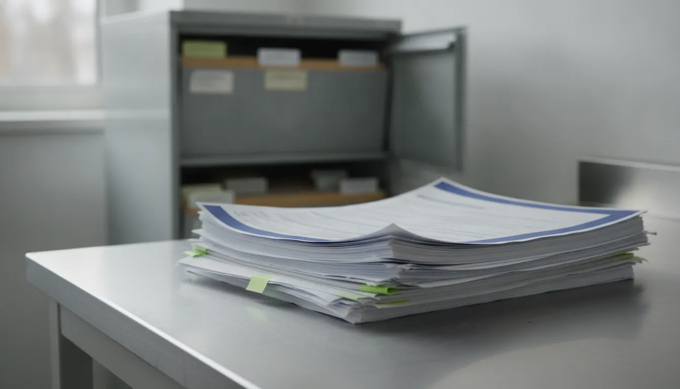 A stack of clinical documents on a lab table in a hospital setting.