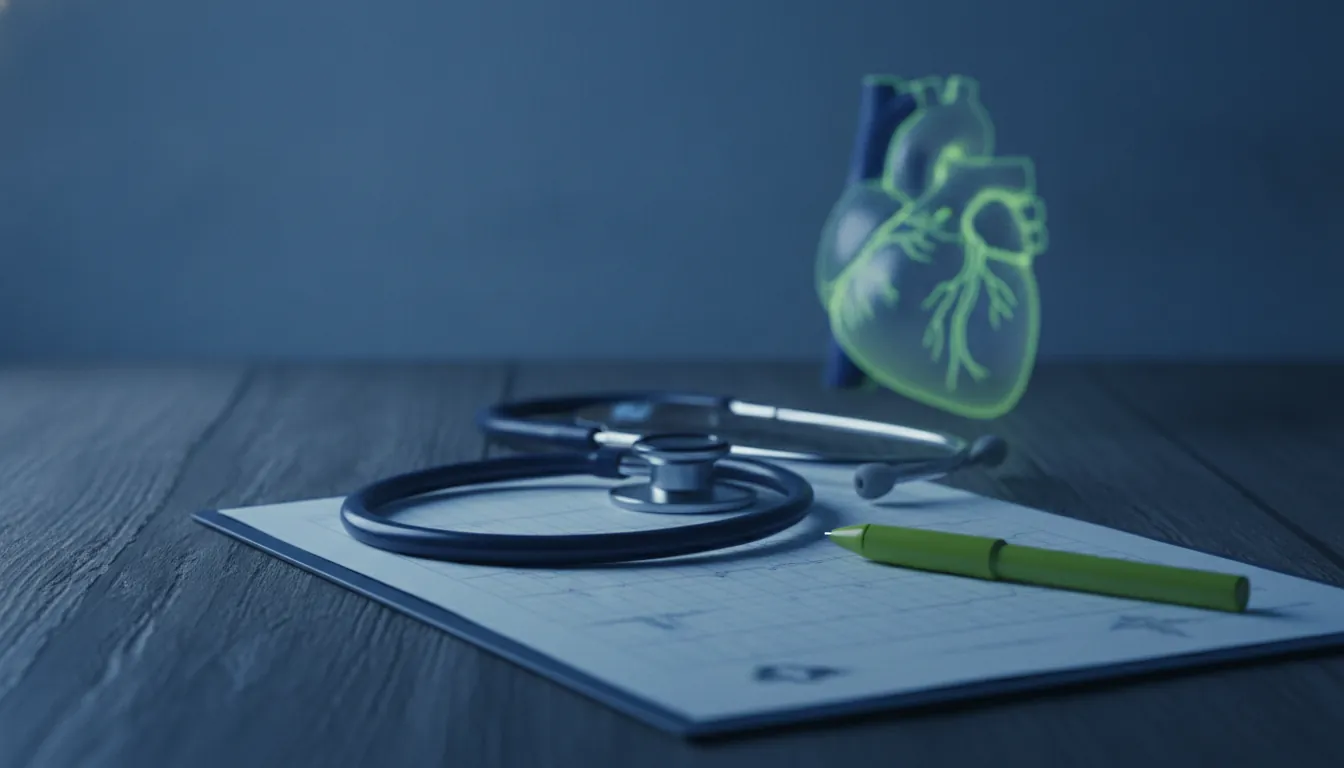 A stethoscope on a medical chart in a dimly lit clinic room