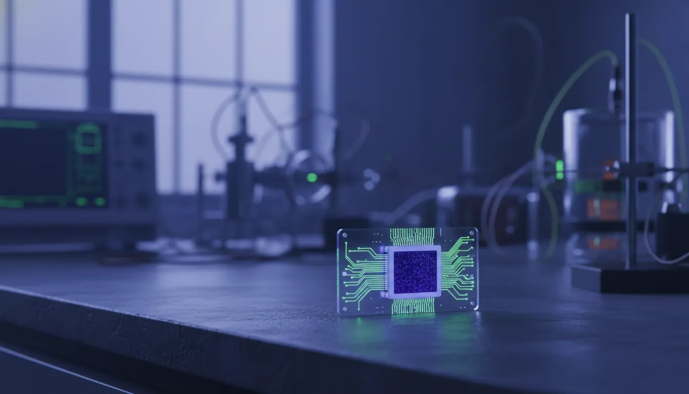 A quantum encryption chip on a lab countertop in a dimly lit research lab.