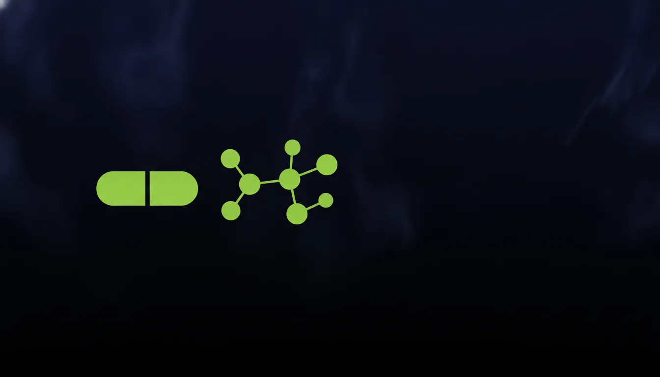 A minimalist illustration of a pill and a molecule on a dark background.