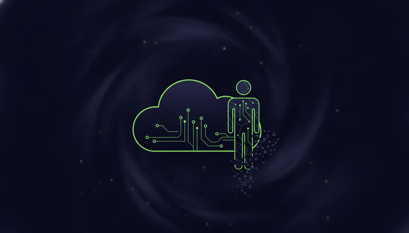 A minimalist illustration of a cloud and a virtual twin figure in a dark palette.