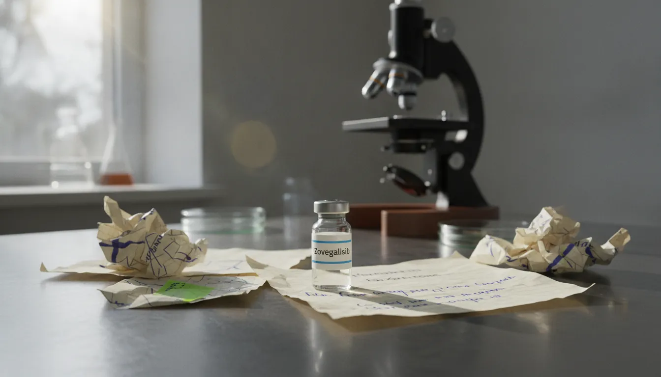 A vial of zovegalisib on a lab bench with research notes and a microscope in the background.