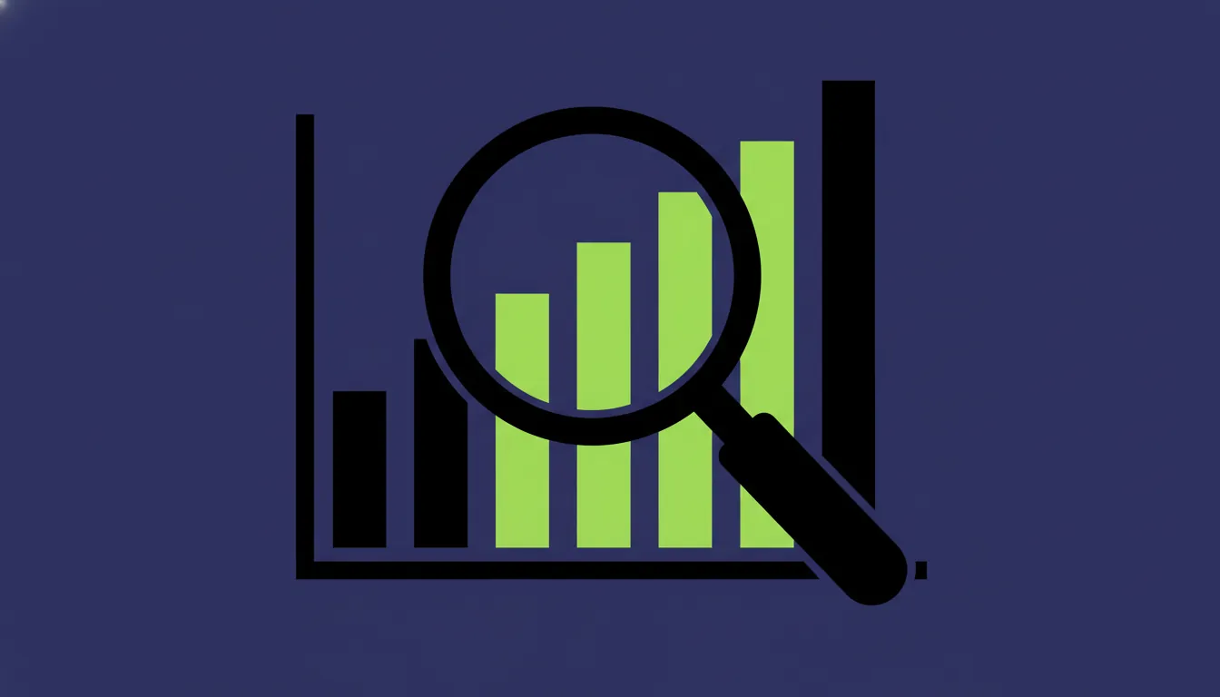 A minimalist illustration of a magnifying glass and data chart in dark colors with lime accents.