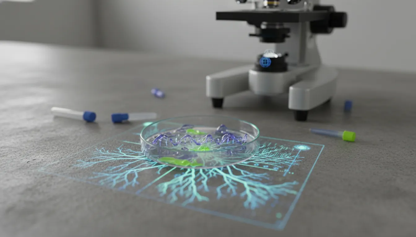 A DNA sample on a lab bench with a microscope in the background.