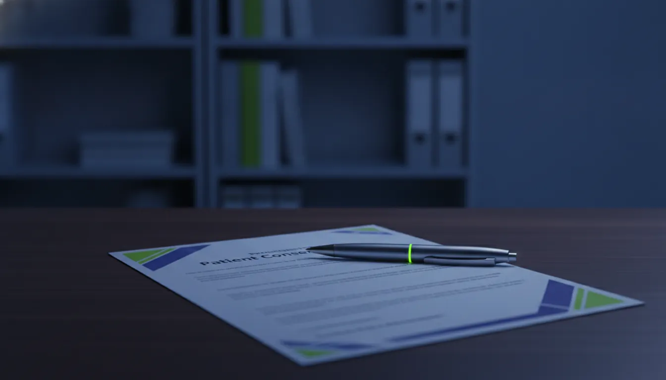 A patient consent form and pen on a desk in a clinical office setting.