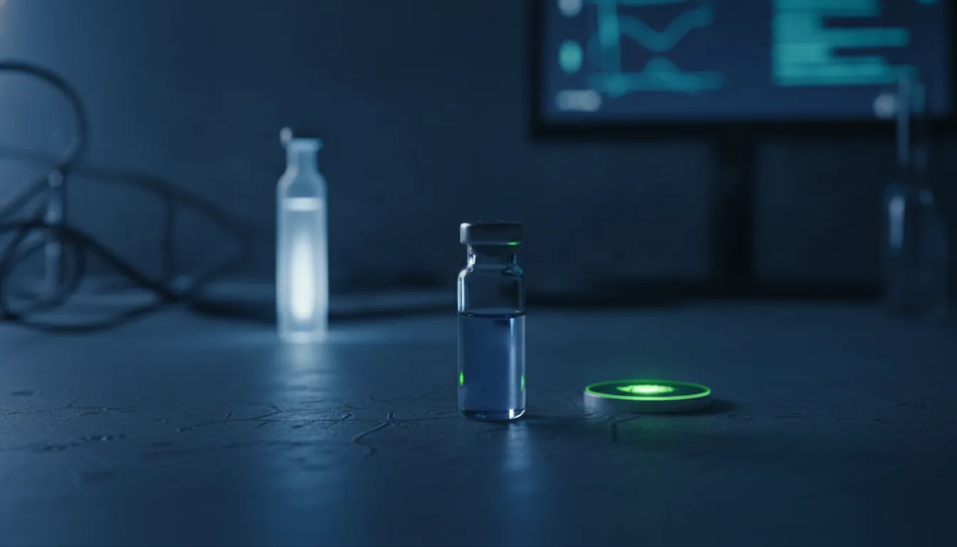 A protein sample and antibody vial in a dimly lit lab setting.