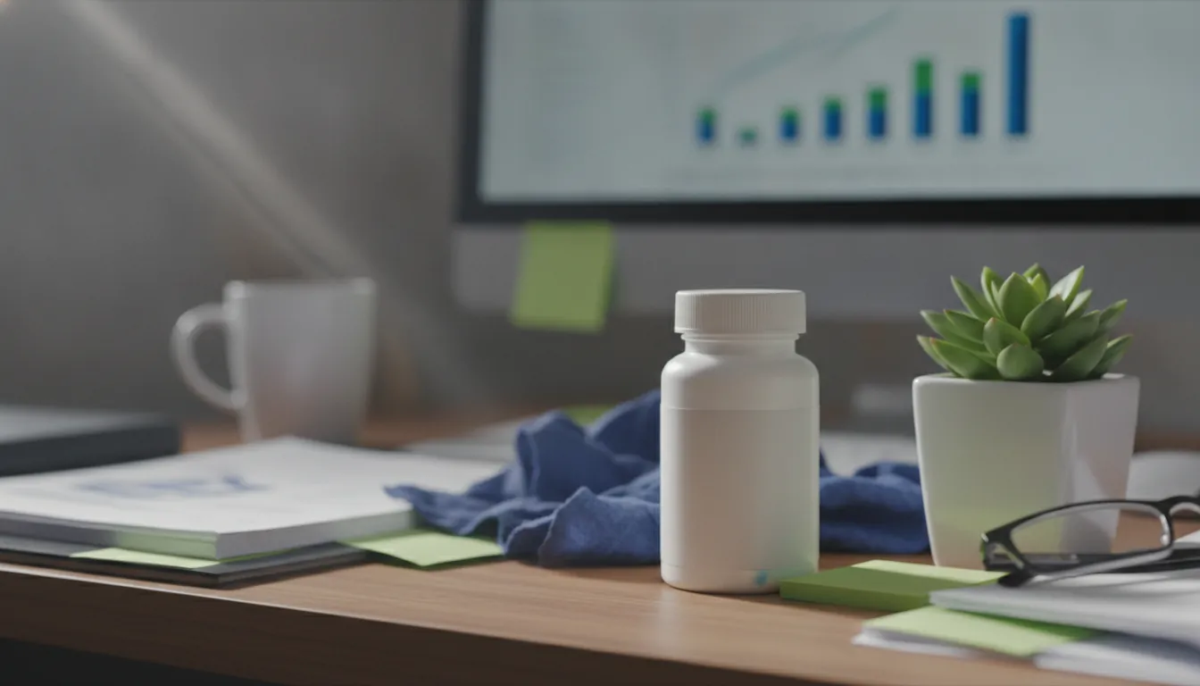 A pill bottle on an office desk with a data chart in the background.