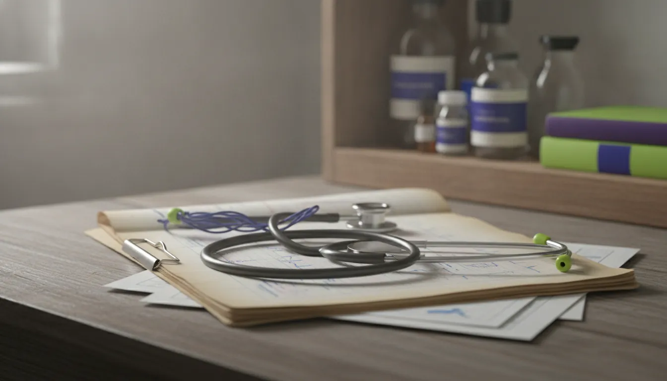 A medical chart and stethoscope on a doctor's desk