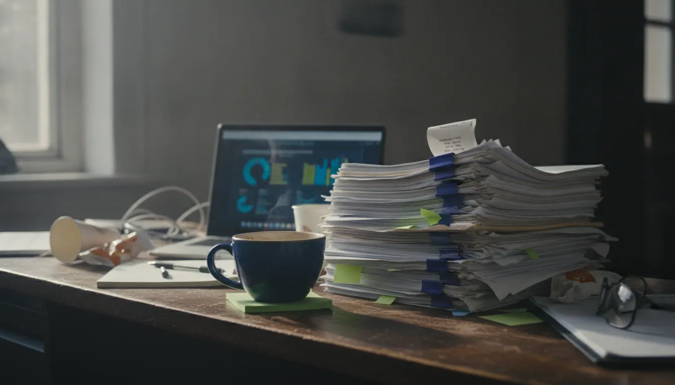 An office desk with financial documents and a coffee cup, representing dealer intelligence application.