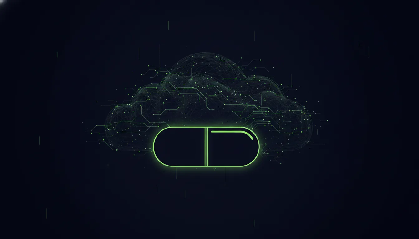 A minimalist illustration of a pill and a data cloud in a dark palette.