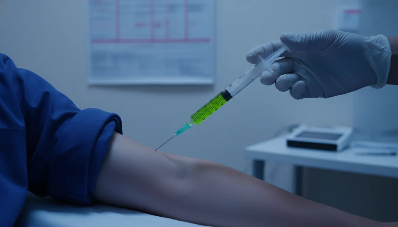 A syringe above a patient's arm in a dimly lit examination room