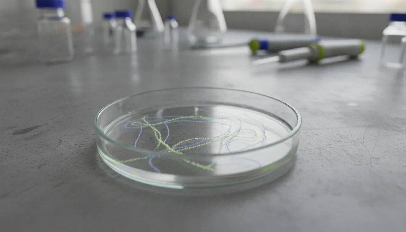 A close-up of a cell culture dish with RNA strands in a laboratory setting.