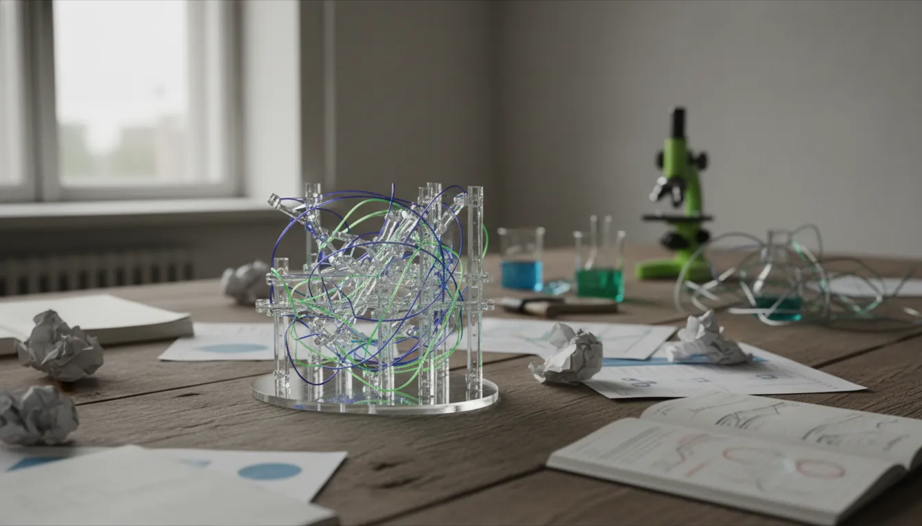 A biological data model on a lab table with research equipment in the background.