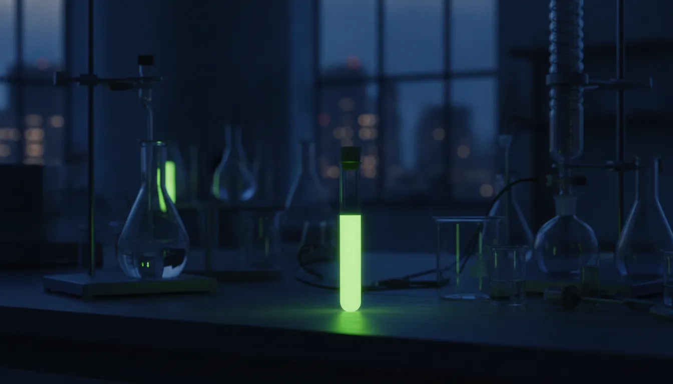 A test tube with a colorful liquid in a dark lab setting