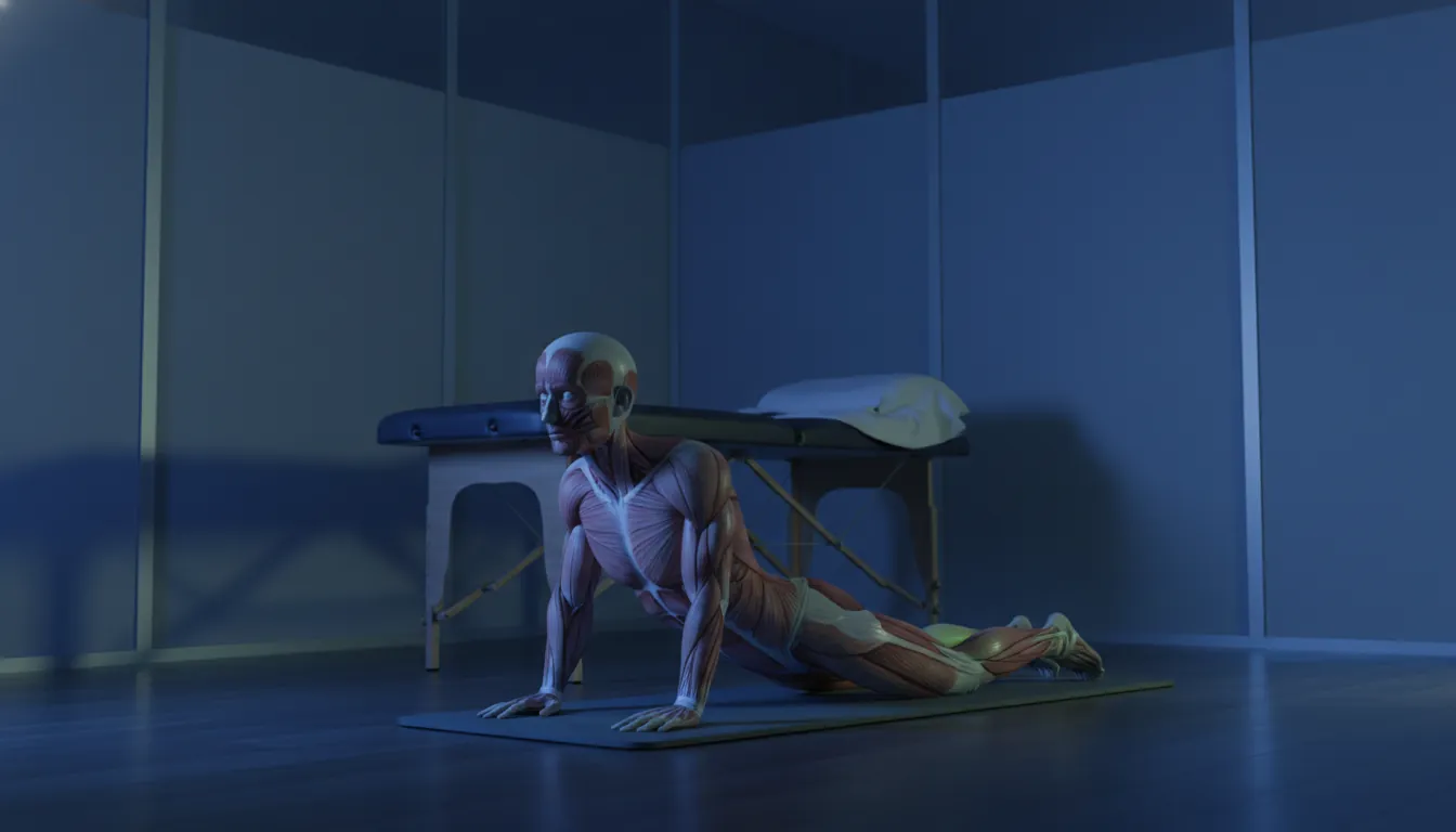 A physiotherapy model demonstrating a back exercise in a dimly lit consultation room.