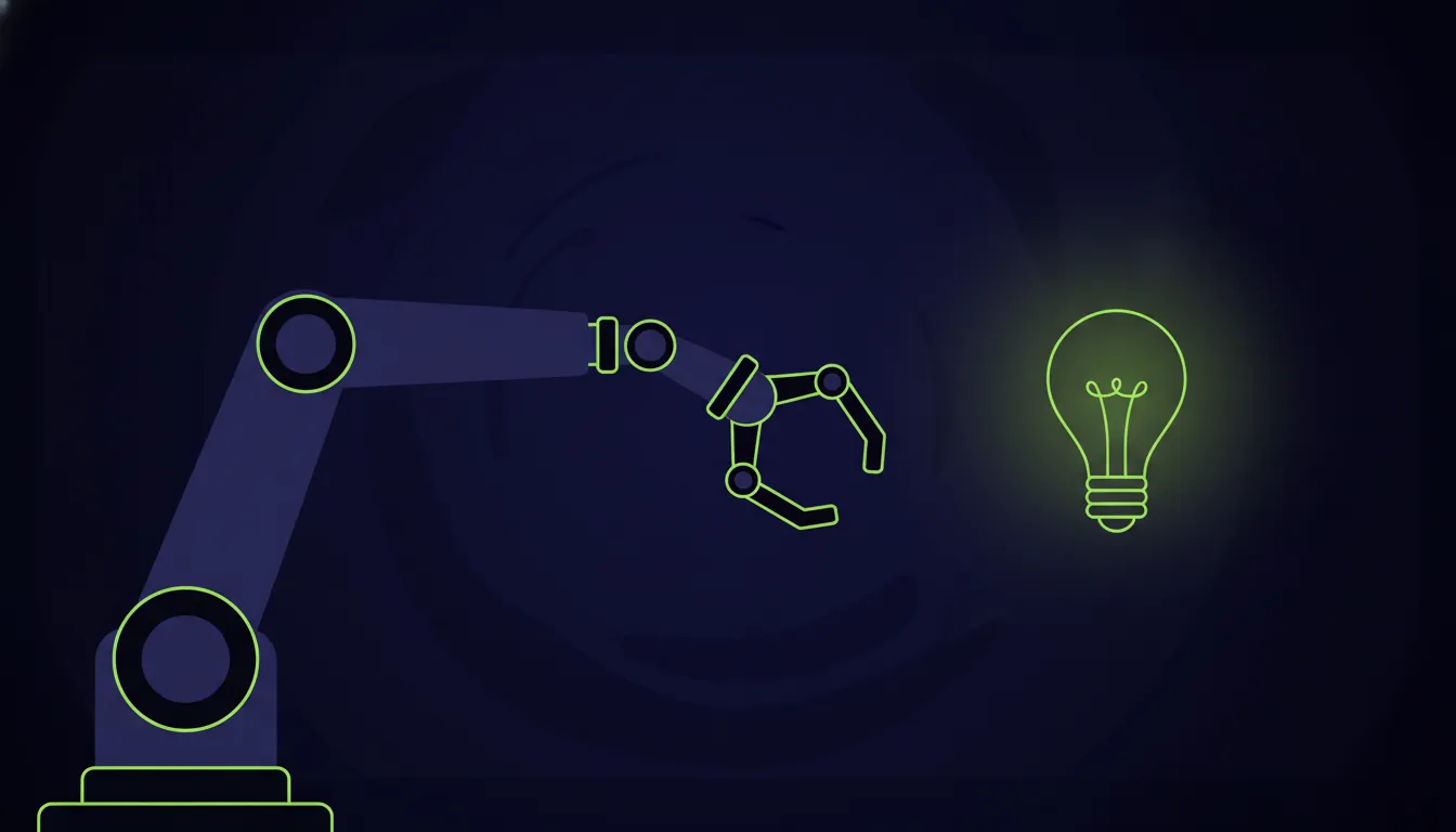 A minimalist illustration of a robot arm and a light bulb representing AI innovation.