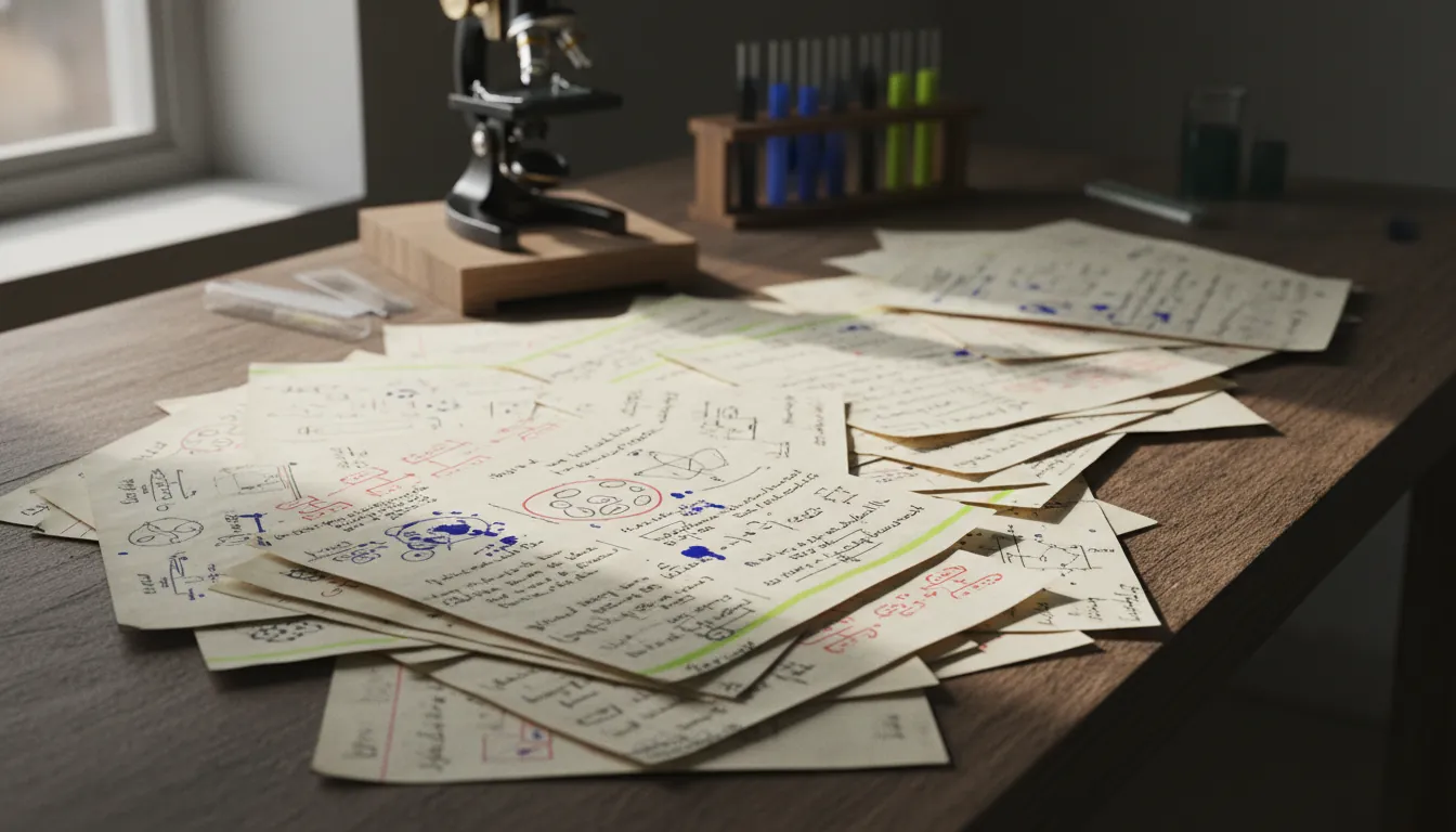 A stack of handwritten research notes on a lab table with a microscope in the background.