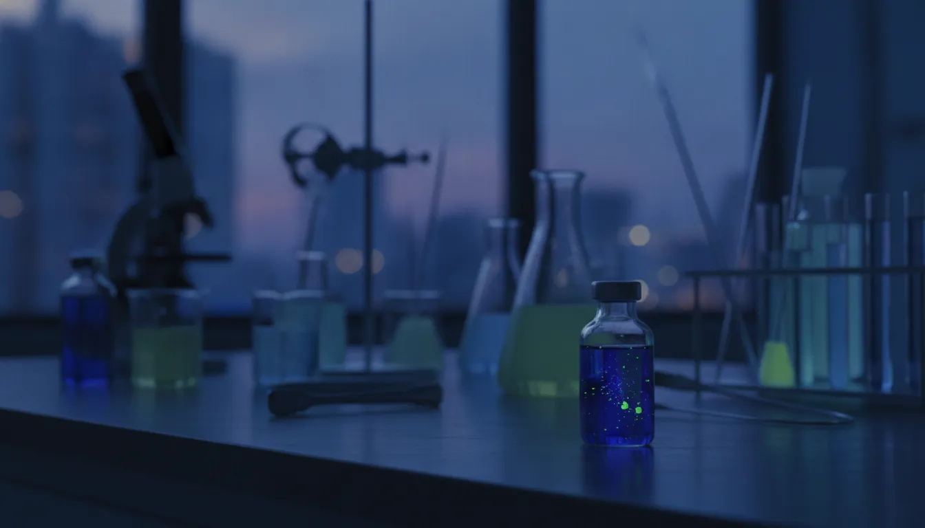 A laboratory vial with a drug compound in a dimly lit lab setting.