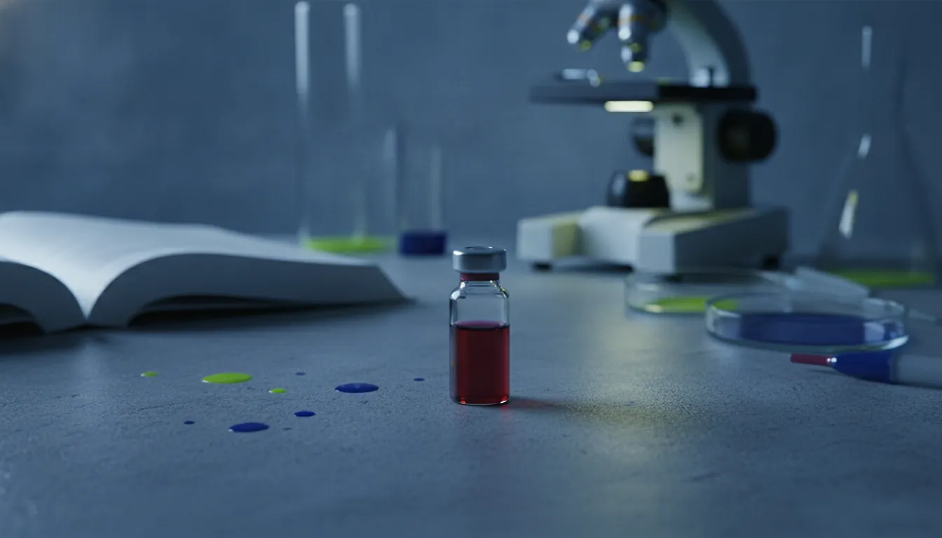 A blood sample and microscope in a dimly lit lab setting