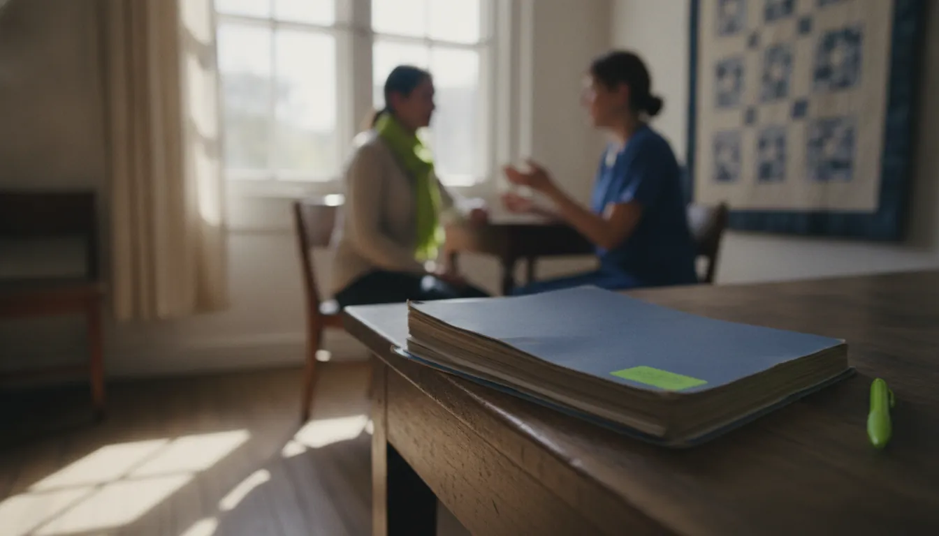 A medical chart on a desk in a clinic with a patient and provider in discussion.