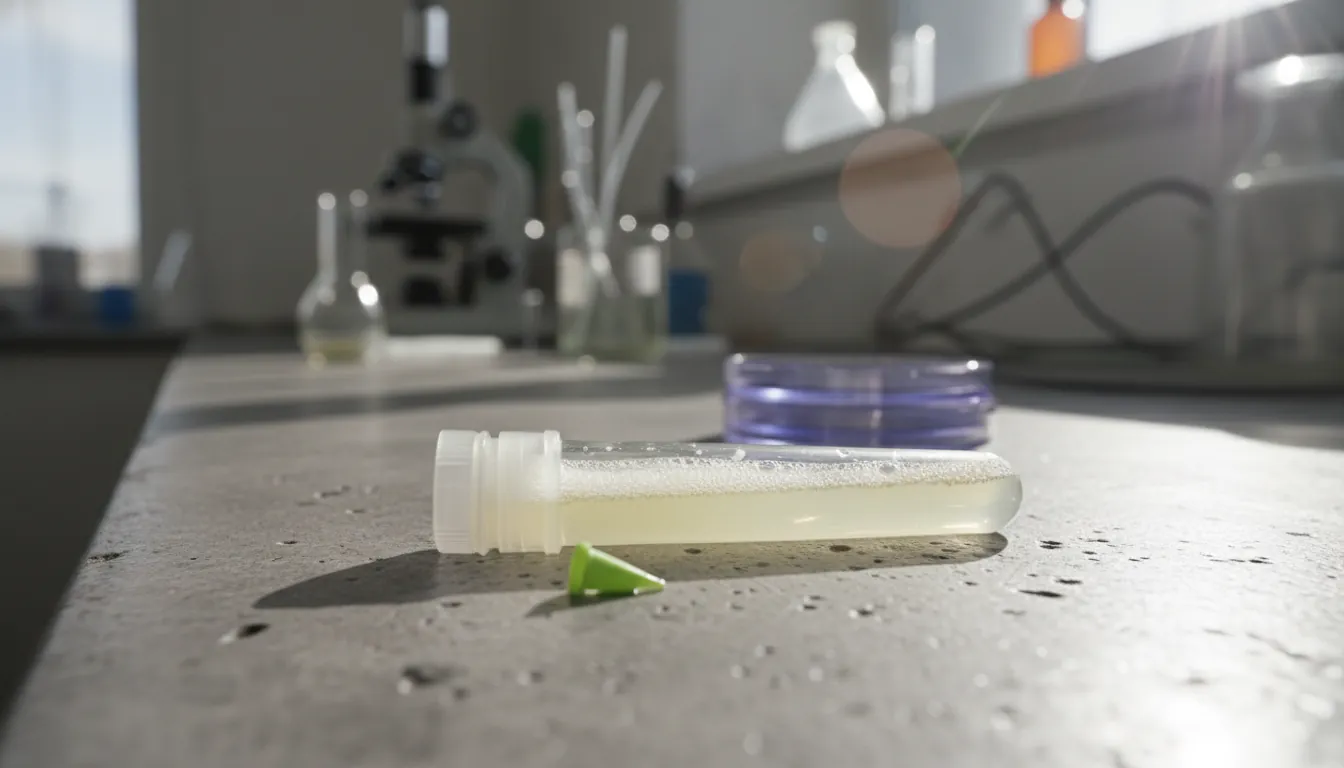Saliva sample in a test tube on a laboratory countertop