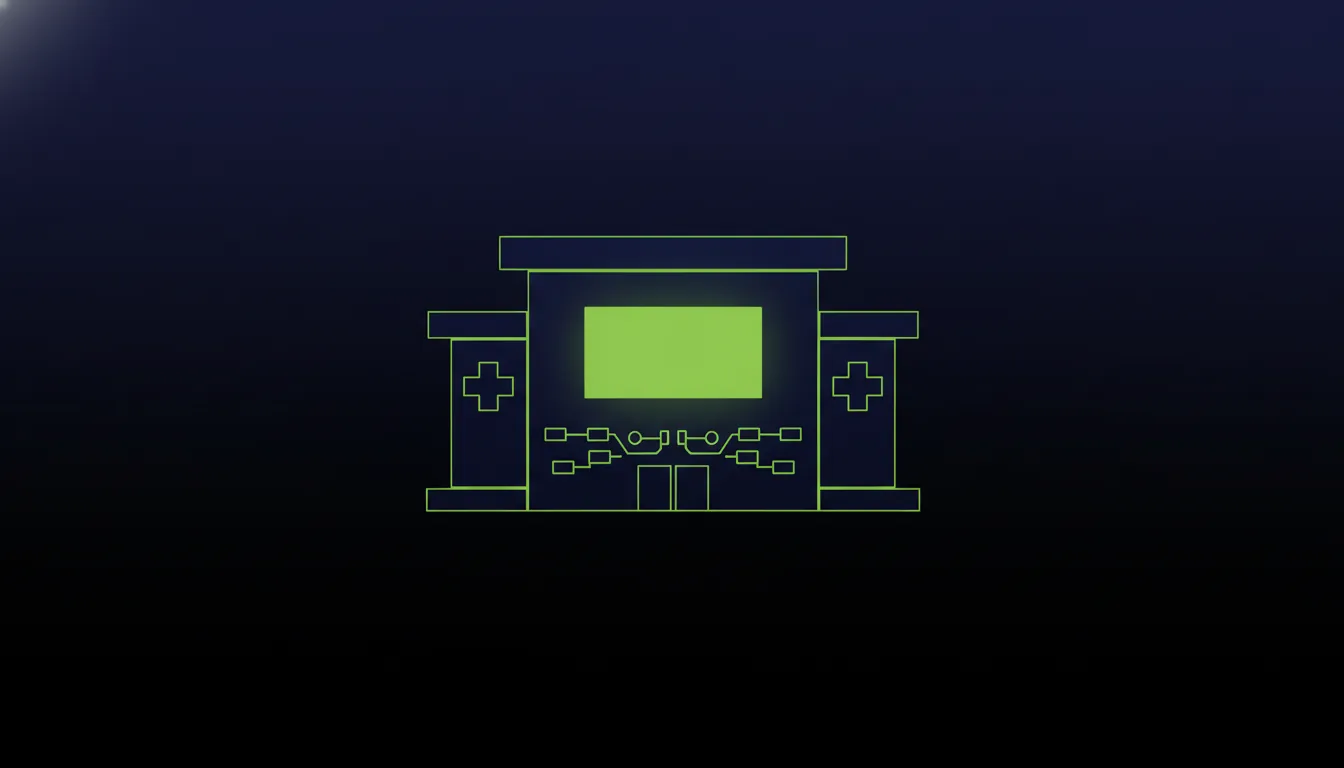 A minimalist representation of a hospital building in a dark color scheme.