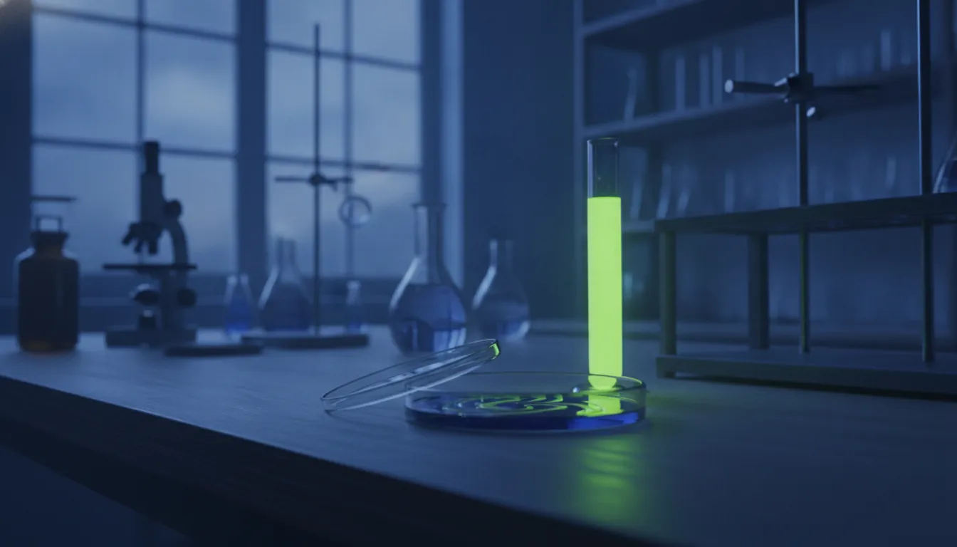 A test tube and petri dish in a dimly lit lab