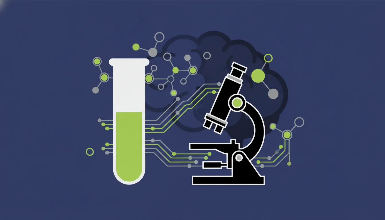A minimalist illustration of a test tube and microscope in a lab setting.