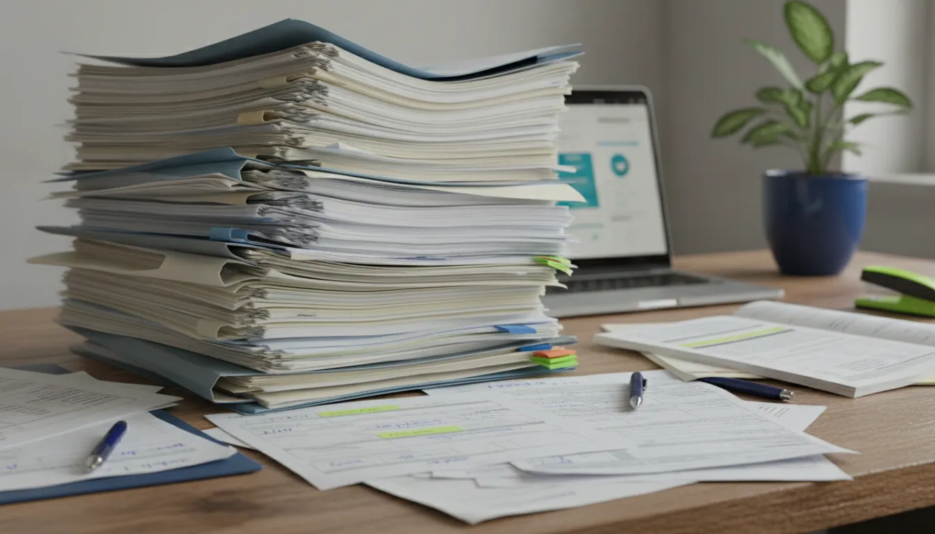 A stack of medical records on a desk in a modern office setting.