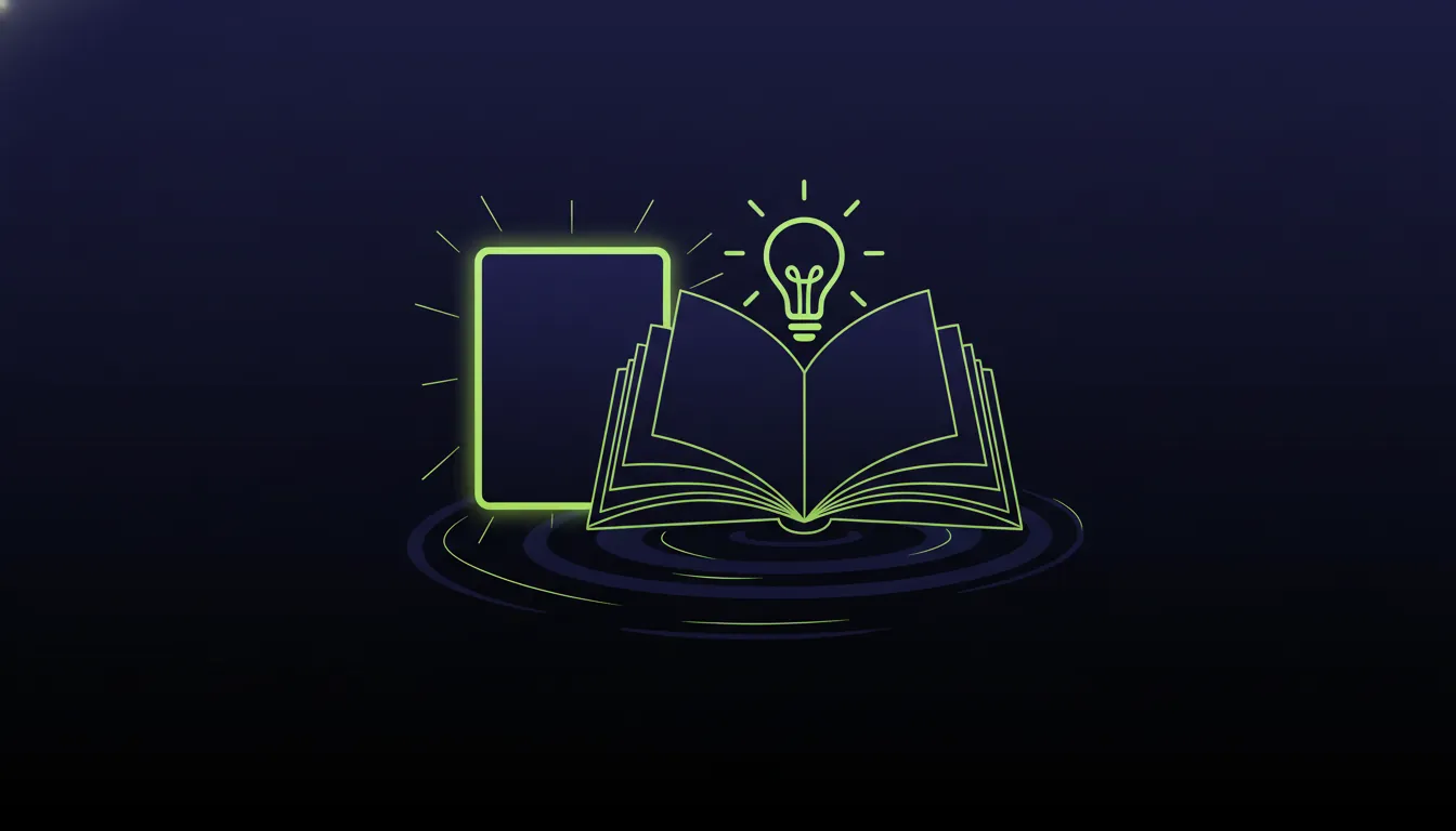 A minimalist illustration of a flashcard and an open book against a dark background, representing educational tools.
