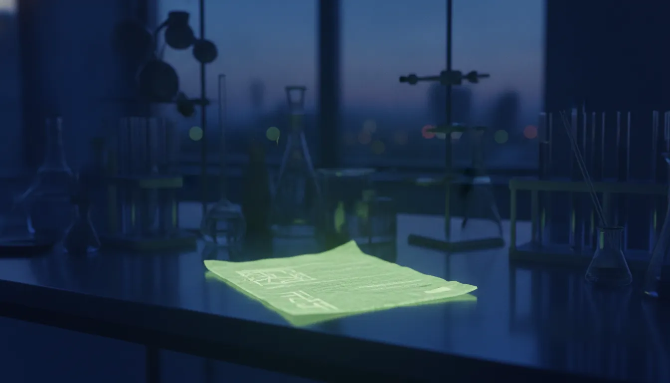 A validation document on a laboratory table in a dimly lit setting.