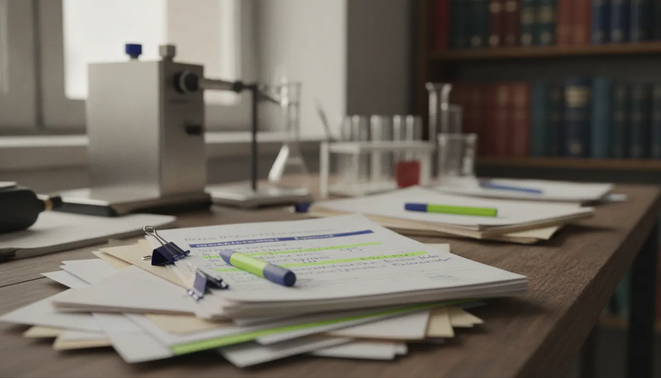 A research desk with clinical datasets and notes in a lab setting.