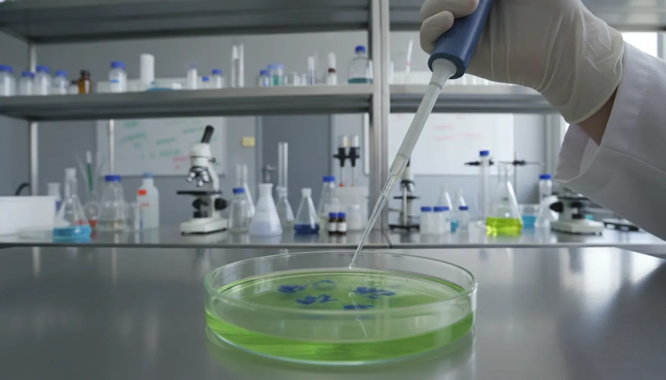 A scientist's hand adjusting a pipette over a petri dish in a lab