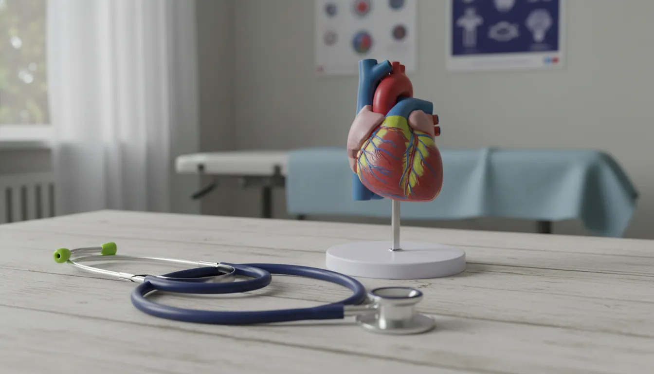 A stethoscope and heart model in a clinical setting