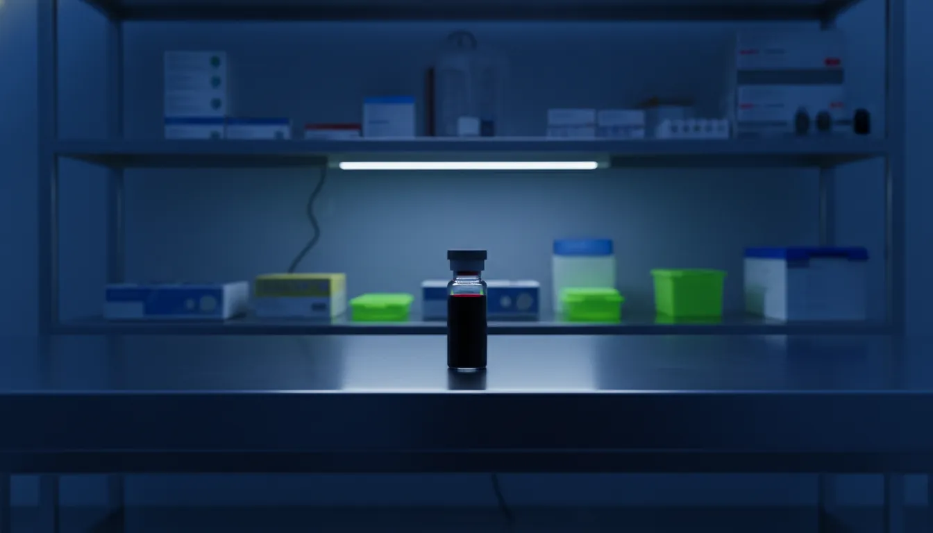 A blood sample in a vial on a lab bench with medical supplies in the background.