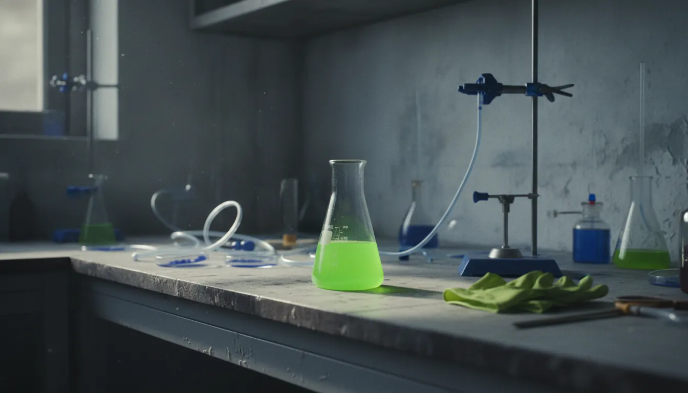 A glass beaker with a colorful liquid on a lab bench