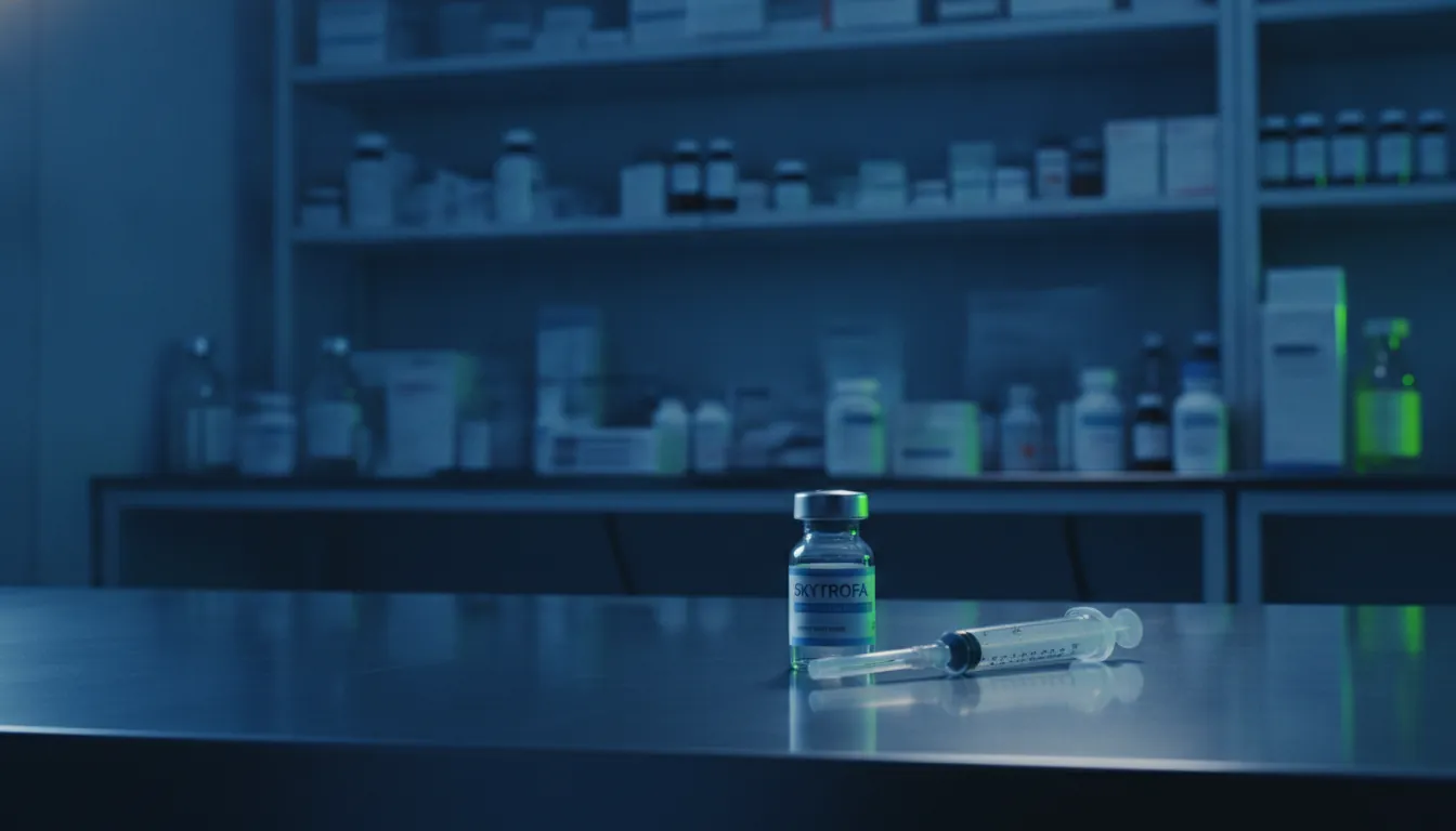 A vial of SKYTROFA and a syringe in a dimly lit laboratory setting.