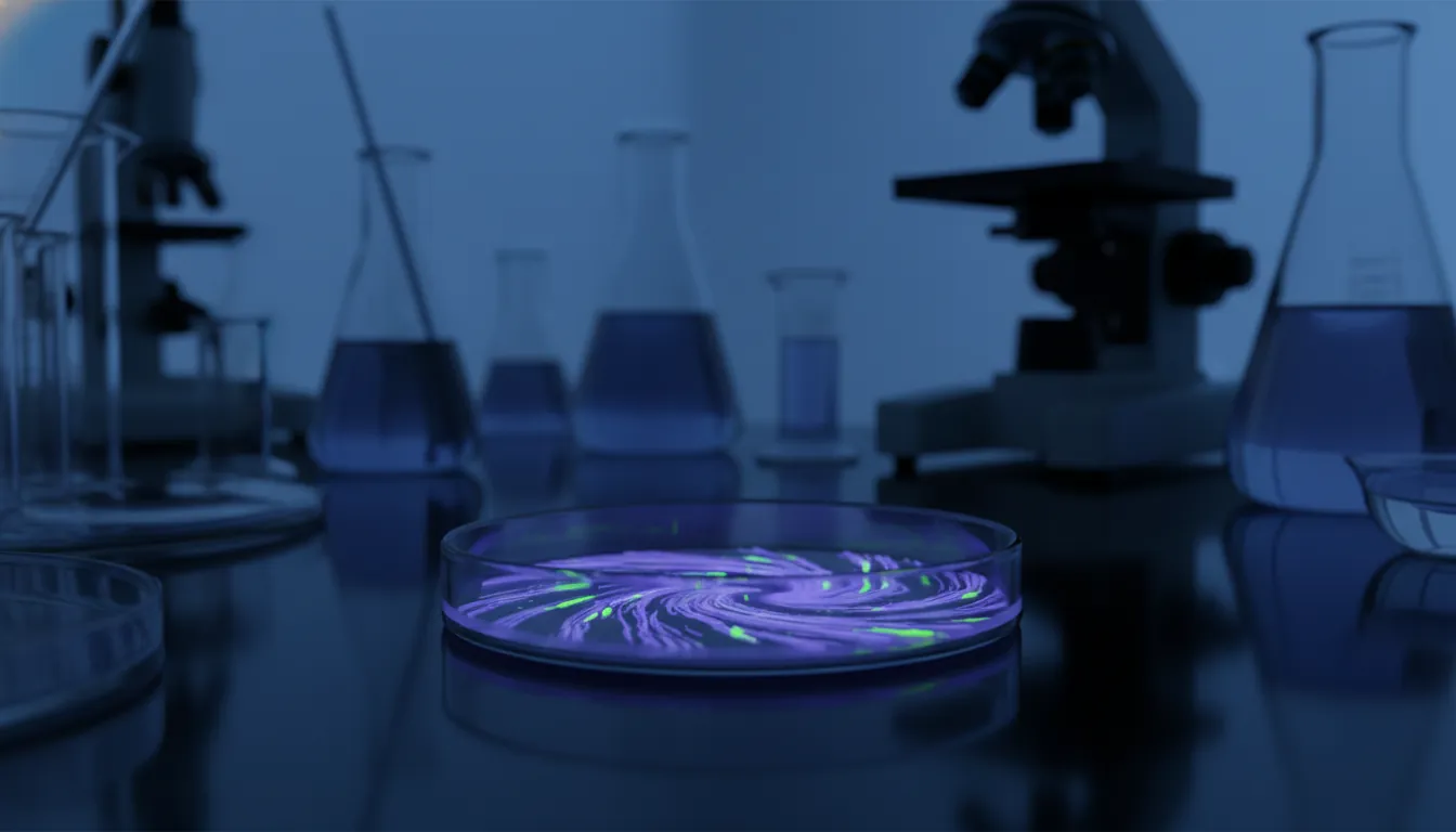 A petri dish with cultured cells on a laboratory bench in a dimly lit lab.