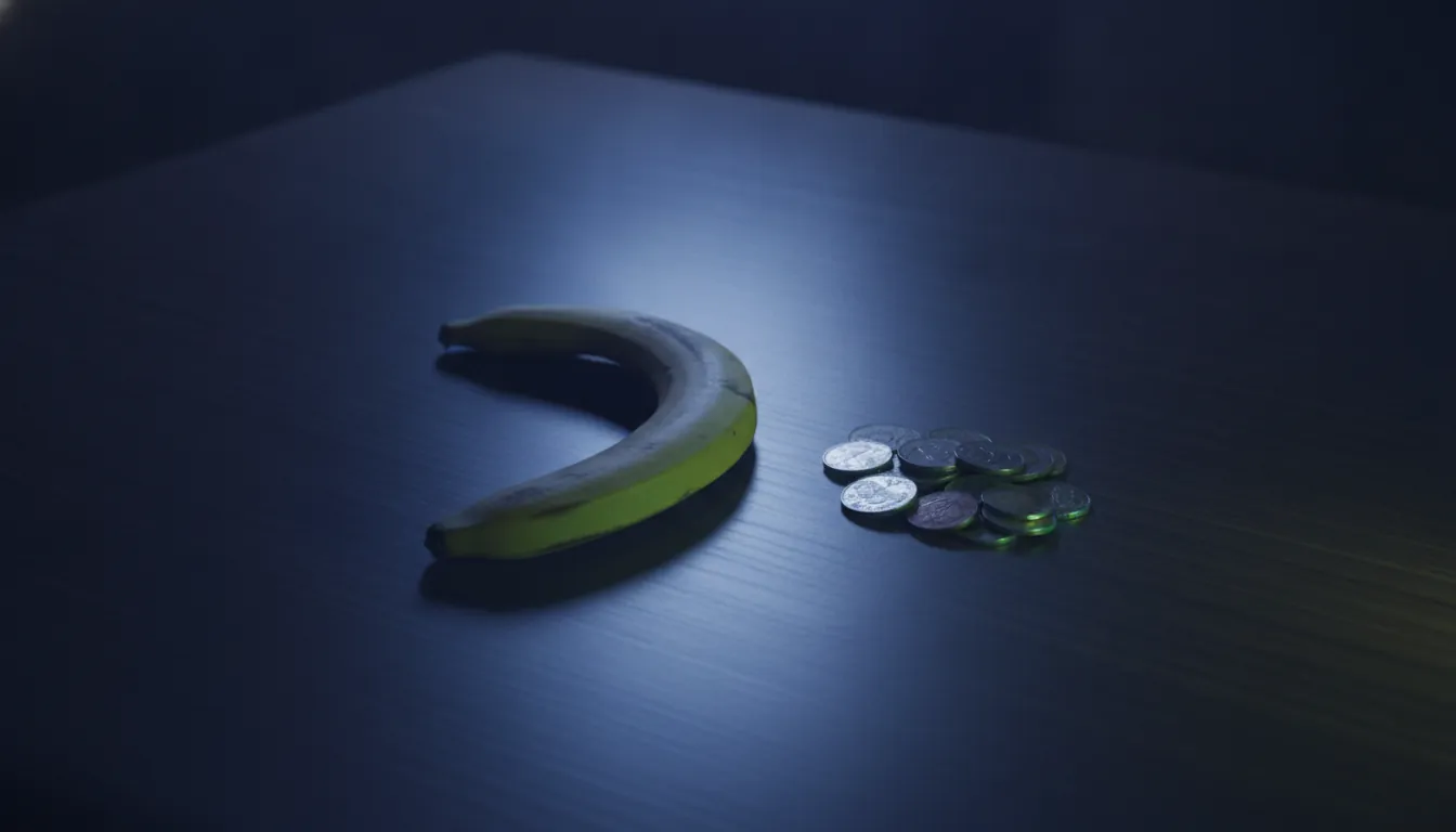 A banana peel on a desk with coins, symbolizing financial loss.